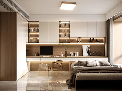 Modern Tatami Bedroom Interior Design With Built in Desk Bookshelves And Warm Lighting 3d model