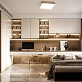 Modern Tatami Bedroom Interior Design With Built in Desk Bookshelves And Warm Lighting