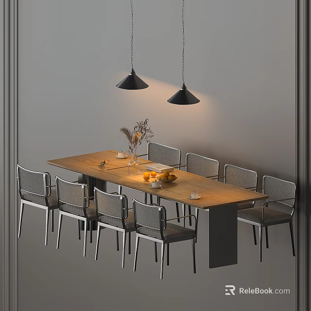 Modern Dining Table And Chairs With Wooden Top Gray Seats Fruits And Black Pendant Lights 3d model 
