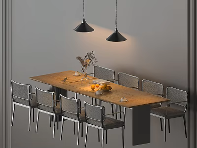 Modern Dining Table And Chairs With Wooden Top Gray Seats Fruits And Black Pendant Lights 3d model