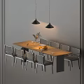 Modern Dining Table And Chairs With Wooden Top Gray Seats Fruits And Black Pendant Lights