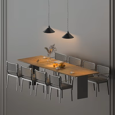 Modern Dining Table And Chairs With Wooden Top Gray Seats Fruits And Black Pendant Lights 3d model