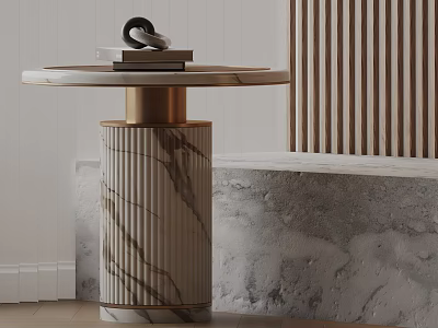 Elegant Modern Side Table With Marble Top Fluted Base And Brass Accents Displaying Decorative Items Like Books And Ring 3d model