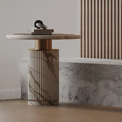 Elegant Modern Side Table With Marble Top Fluted Base And Brass Accents Displaying Decorative Items Like Books And Ring 3d model
