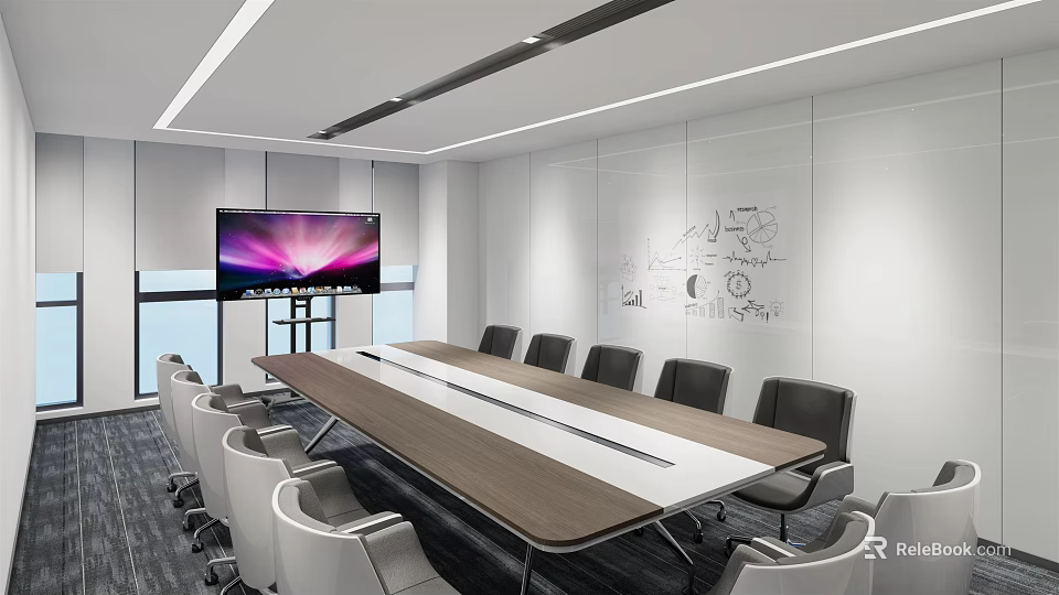Modern Conference Room With Long Table Chairs TV Screen And Wall Drawings 3d model 