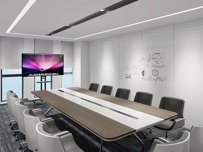 Modern Conference Room With Long Table Chairs TV Screen And Wall Drawings 3d model