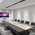 Modern Conference Room With Long Table Chairs TV Screen And Wall Drawings