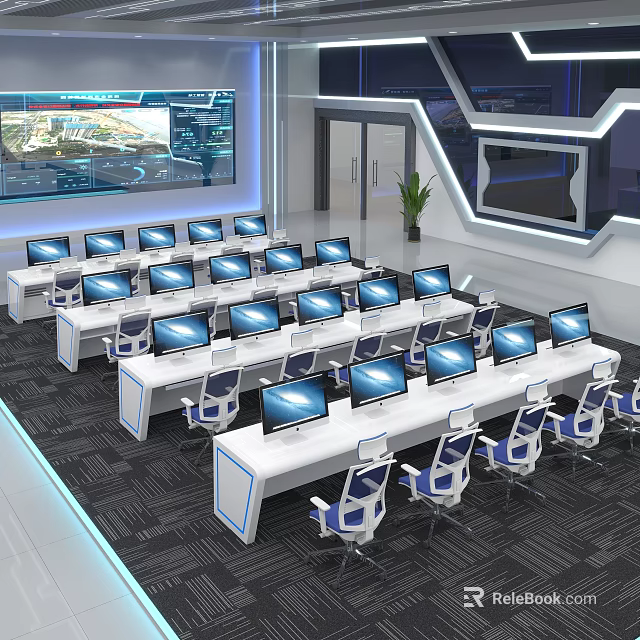 Tech Equipped Modern Conference Room With Multiple Computers Long Tables And Ergonomic Chairs 3d model 