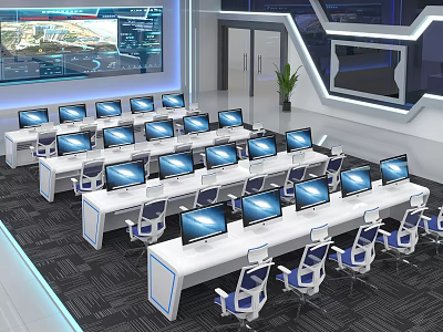 Tech Equipped Modern Conference Room With Multiple Computers Long Tables And Ergonomic Chairs 3d model