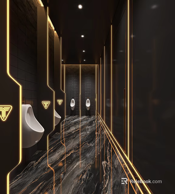 Modern Restroom With Golden Lighting And Marble Floor 3d model