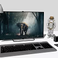 Modern Computer Setup with Monitor Displaying Forest Elephant Scene Astronaut Figure Keyboard and Desk Lamp