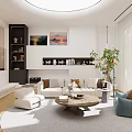 Modern White Living Dining Room Interior With Sofa Round Rug And Decorative Paintings