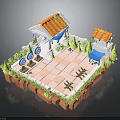 Modern Miniature Scene With Small Houses Orange Roofs Blue Awnings Green Plants Stone Path Targets