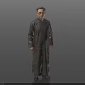 Full Length Portrait of Man in Traditional Gray Robe Standing Against Gray Background with Glasses