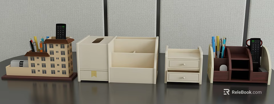 Beige Home Office Storage Organizers With Drawers And Open Compartments 3d model 