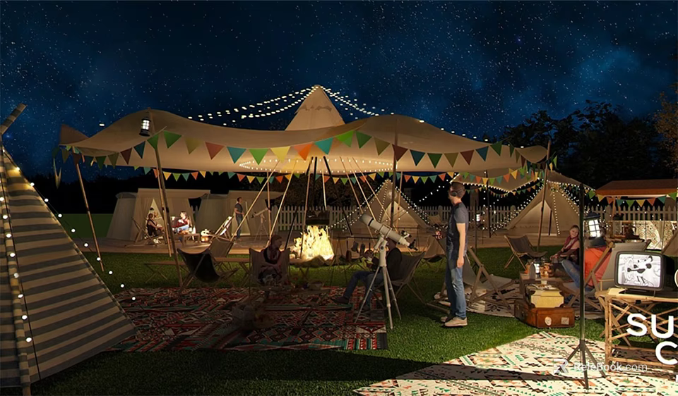 Cozy Outdoor Tent Under Starry Night Sky With Colorful Bunting String Lights Bonfire And People Gathering 3d model 