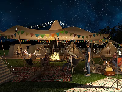 Cozy Outdoor Tent Under Starry Night Sky With Colorful Bunting String Lights Bonfire And People Gathering 3d model
