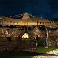 Cozy Outdoor Tent Under Starry Night Sky With Colorful Bunting String Lights Bonfire And People Gathering