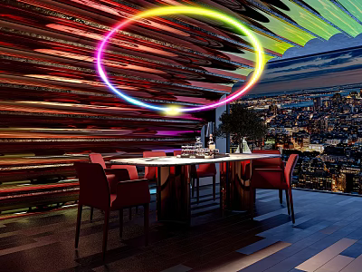 Colorful Neon Ring Decorated Bar Interior With City Night View Red Chairs And Dining Table 3d model