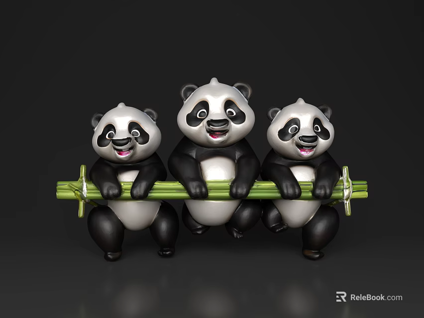 Cute Reptile Plush Figures Holding Green Bamboo Sticks With Happy Expressions 3d model 