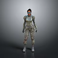 Game And Movie Character Female In Futuristic Armor With Blue Goggles Tactical Gear Standing Pose