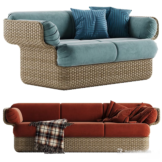 Outdoor Sofa With Woven Rattan Frame Blue Red Cushions And Plaid Blanket 3d model 