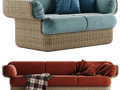 Outdoor Sofa With Woven Rattan Frame Blue Red Cushions And Plaid Blanket 3d model