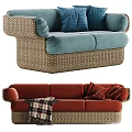 Outdoor Sofa With Woven Rattan Frame Blue Red Cushions And Plaid Blanket