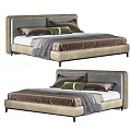 Modern Double Bed With Upholstered Headboard Neutral Tones Pillows And Throw Blanket 3d model
