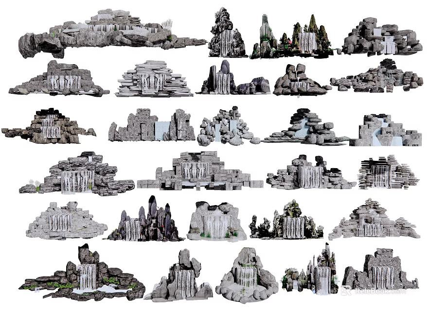 Various Garden Ornaments With Rockery Waterfall And Decorative Stone Designs 3d model 
