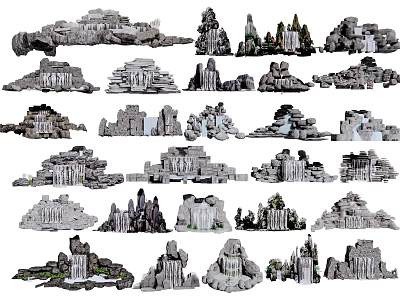 Various Garden Ornaments With Rockery Waterfall And Decorative Stone Designs 3d model