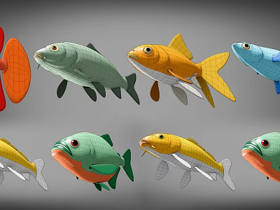 Colorful Aquatic Fish Models with Green Orange Yellow Blue Red Colors and 3D Design Features 3d model