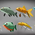 Colorful Aquatic Fish Models with Green Orange Yellow Blue Red Colors and 3D Design Features