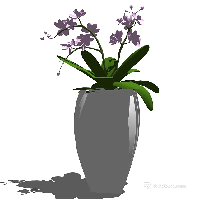 Potted Bonsai Plant With Purple Flowers Green Leaves In Grey Vase 3d model 