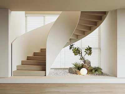 Modern Spiral Staircase Interior Design With Wooden Steps Blinds Plants Pebbles and Round Lamp 3d model
