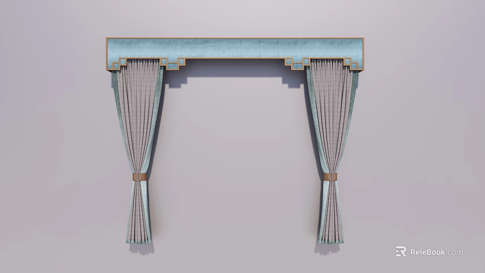 Stylish Gray Curtains With Blue Valance And Wooden Trim Design 3d model 