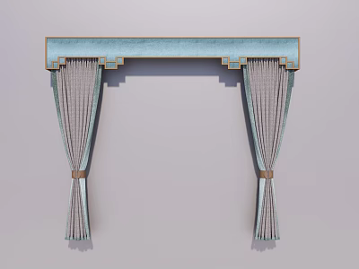 Stylish Gray Curtains With Blue Valance And Wooden Trim Design 3d model