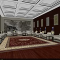Elegant Hotel Public Lounge With Chinese Landscape Painting White Sofas Wooden Walls Flooring And Carpet