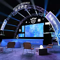 Modern Stage with Arched Structure Lighting Screens Snowflake Decorations and Chairs Tables 3d model