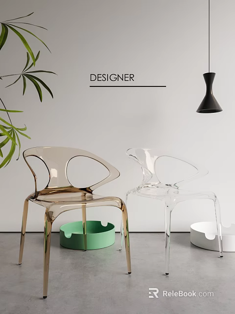 Designer Transparent Dining Chairs with Green Leaves White Wall Black Pendant Light and Small Pots 3d model 