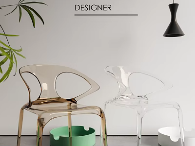 Designer Transparent Dining Chairs with Green Leaves White Wall Black Pendant Light and Small Pots 3d model