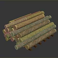 Stacked Natural Wooden Logs With Various Textures And Colors On Dark Background With Reflection