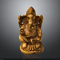 Wooden Elephant Statue Sitting With Decorative Headpiece And Detailed Carvings Against Dark Background