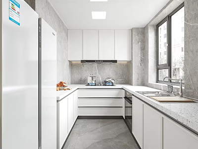 Modern Kitchen Interior With White Cabinets Large Fridge Gray Walls And Floors 3d model