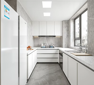 Modern Kitchen Interior With White Cabinets Large Fridge Gray Walls And Floors 3d model