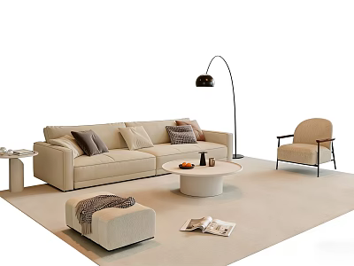 Modern Beige Sofa and Coffee Table Set with Floor Lamp Armchair and Ottoman 3d model