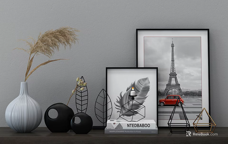 Modern Decorative Ornament Combination With Vase Metallic Leaf Sculpture Frames And Black Spherical Ornaments 3d model 