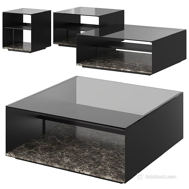 Modern Sofa Coffee Table Set With Glass Top Black Frame And Marble Shelf 3d model