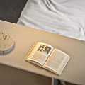 Hotel Guest Room Featuring Modern Minimalist Design Large Bed City Skyline View And Pendant Lights