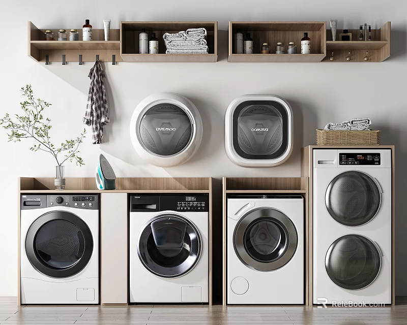 Modern Bathroom Cabinet Rack With Washer Dryer Units Storage Shelves And Towels 3d model 